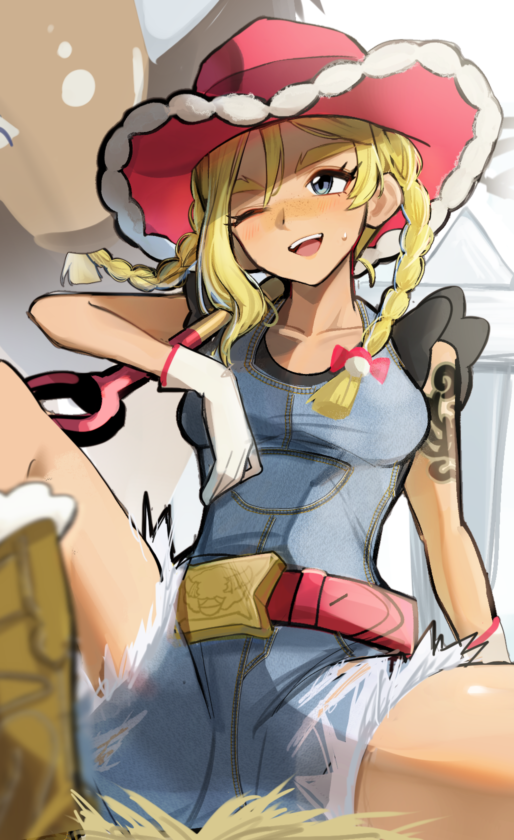 1girl, ;d, belt, blonde_hair, boots, braid, breasts, brown_boots