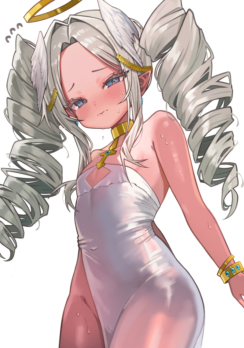 1girl, absurdres, armpit_crease, blue_eyes, blue_gem, blush, bracelet, cleavage_cutout, clothing_cutout, collarbone, covered_navel, dress, drill_hair, earrings, feathered_wings, flat_chest, frown, gem, gold_bracelet, gold_choker, gold_halo, grey_hair, groin, hair_intakes, halo, head_wings, hibi2scus, highres, indie_virtual_youtuber, jewelry, laurel_crown, loli, long_hair, looking_at_viewer, making-of_available, simple_background, solo, sweat, syoka_(vtuber), twin_drills, virtual_youtuber, white_background, white_dress, white_wings, wings, yellow_halo