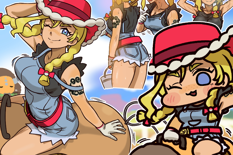 1girl, black_shirt, blonde_hair, blue_eyes, blue_overalls, blue_shorts, braid, breasts