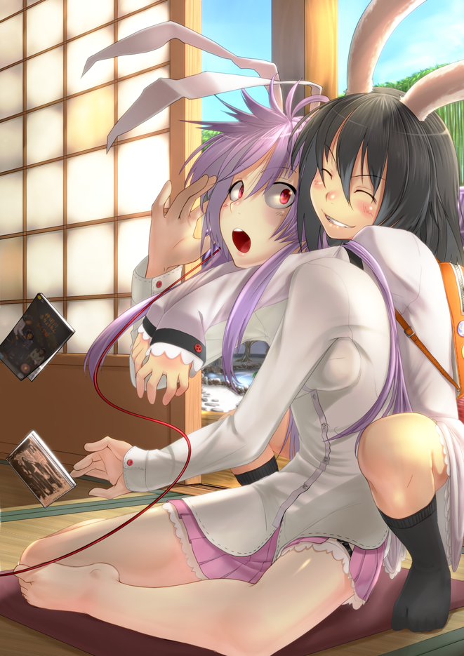2girls, barefoot, blush, book, closed_eyes, female_focus, grin, hug