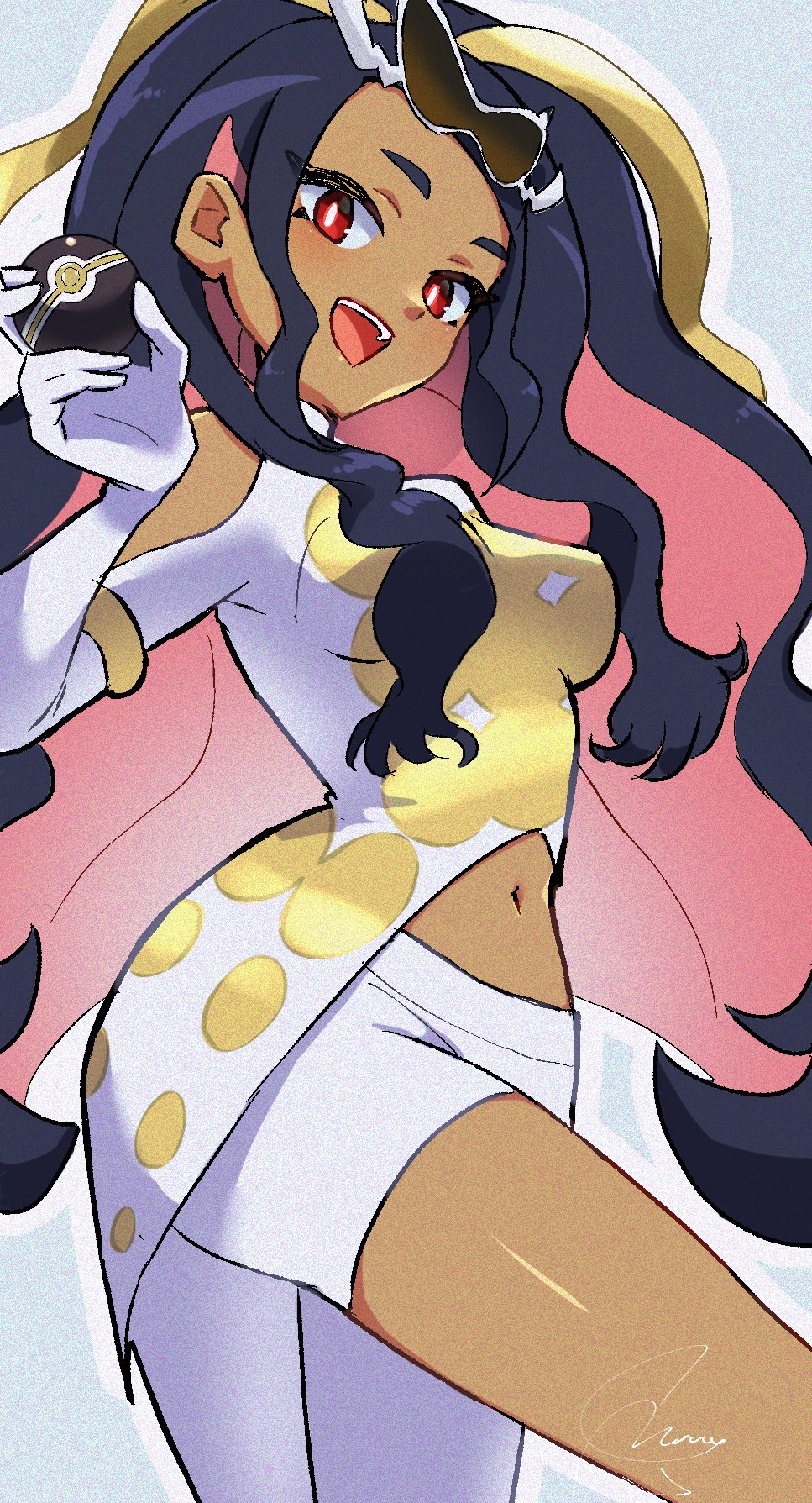 1girl, :d, black_hair, breasts, bright_pupils, brown-tinted_eyewear, caraway_(pokemon), colored_inner_hair, commentary_request, gloves, hand_up, highres, holding, holding_poke_ball, long_hair, luxury_ball, meru_merume603, mixed-language_commentary, multicolored_hair, navel, nintendo, open_mouth, poke_ball, pokemon, pokemon_champions, red_eyes, shirt, shorts, sidelocks, signature, smile, solo, sunglasses, teeth, tinted_eyewear, upper_teeth_only, white-framed_eyewear, white_gloves, white_pupils, white_shorts