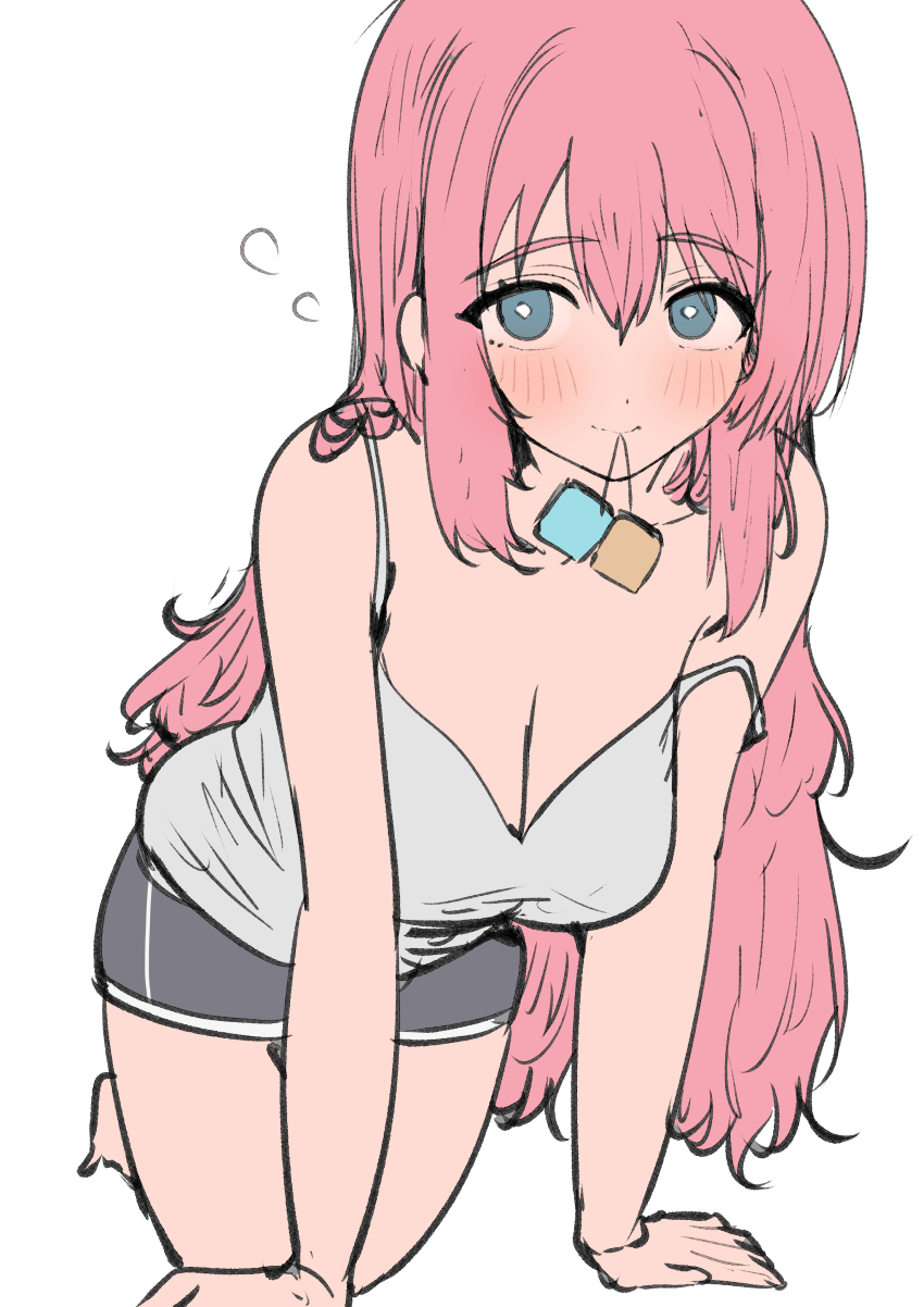 1girl, absurdres, all_fours, blue_eyes, blush, bocchi_the_rock!, commentary_request, cube_hair_ornament, flying_sweatdrops, gotoh_hitori, hair_down, hair_ornament, highres, looking_at_viewer, object_to_mouth, off_shoulder, pink_hair, shorts, simple_background, sunya_(honorin-yuunibo), tagme, tank_top, white_background