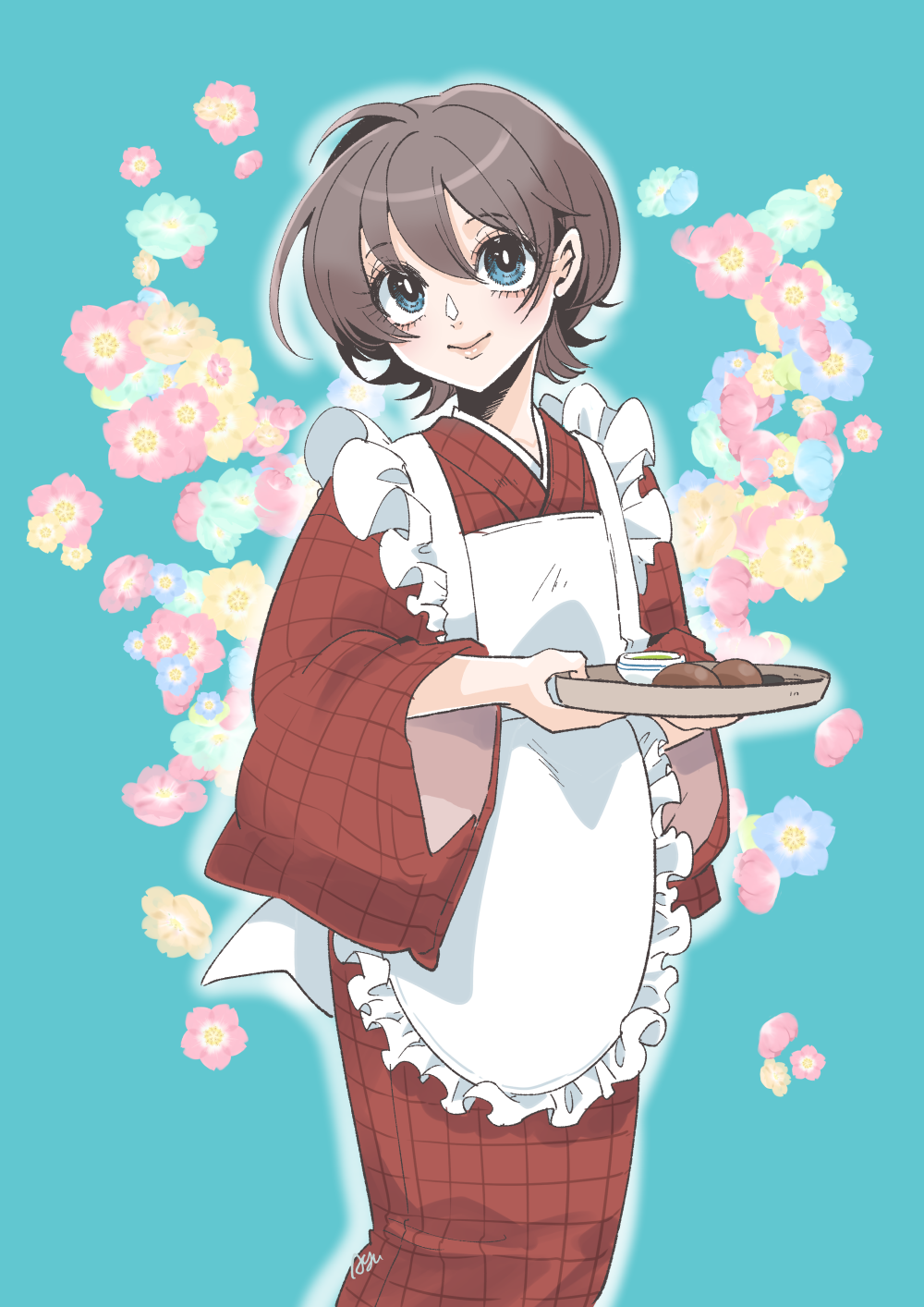 1boy, apron, ayuneo, blue_eyes, brown_hair, closed_mouth, commentary_request, crossdressing
