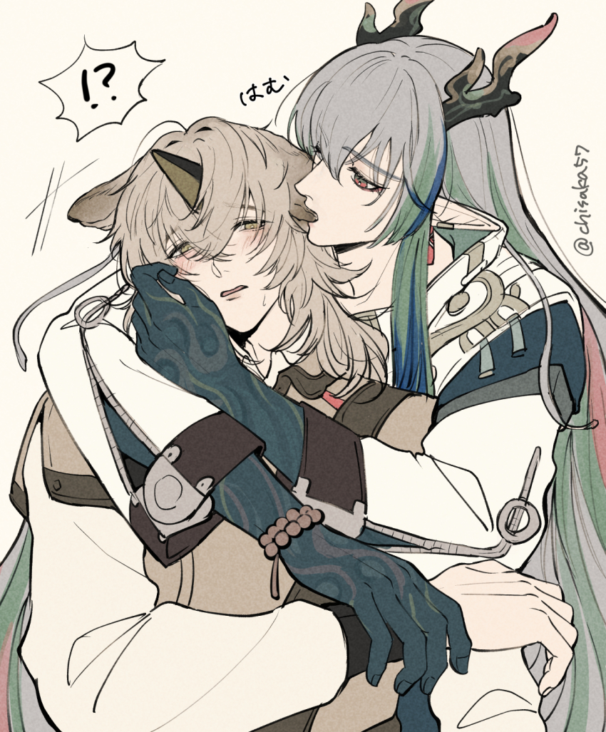 !?, 2boys, animal_ears, arknights, bead_bracelet, beads, biting, biting_ear