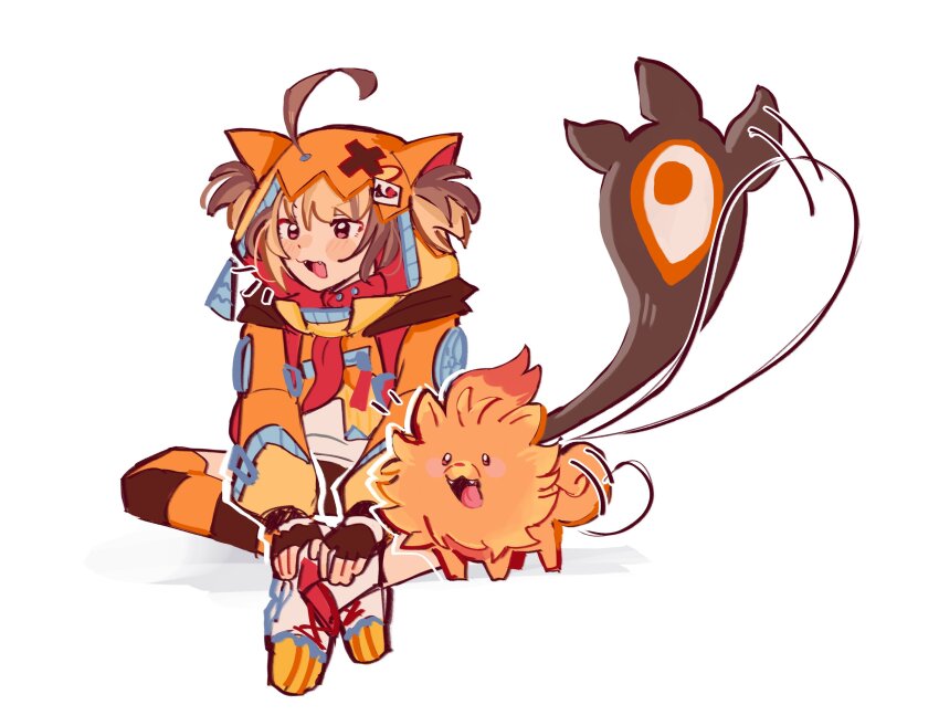 1girl, ahoge, blonde_hair, blush, brown_hair, commentary, crossed_ankles, fangs