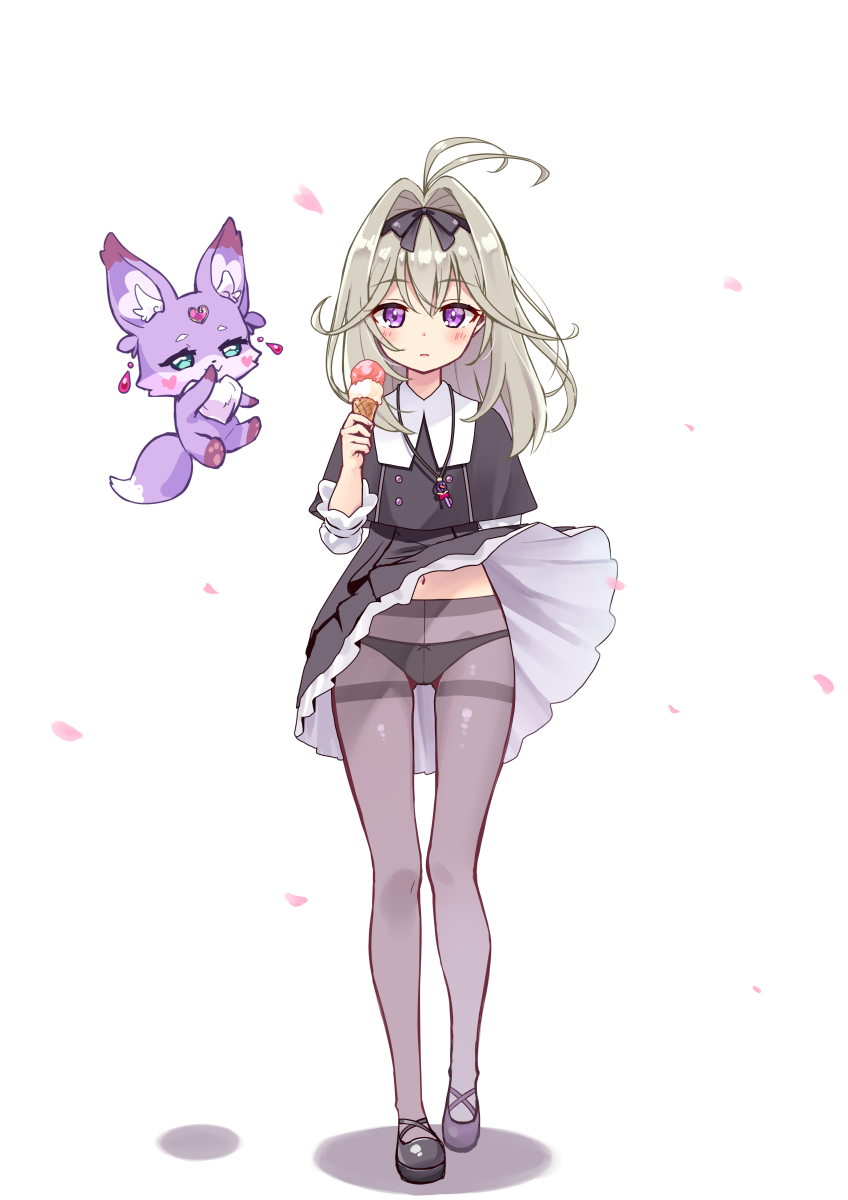 1girl, ahoge, animal_ear_fluff, animal_ears, black_dress, black_pantyhose, black_ribbon, black_shoes