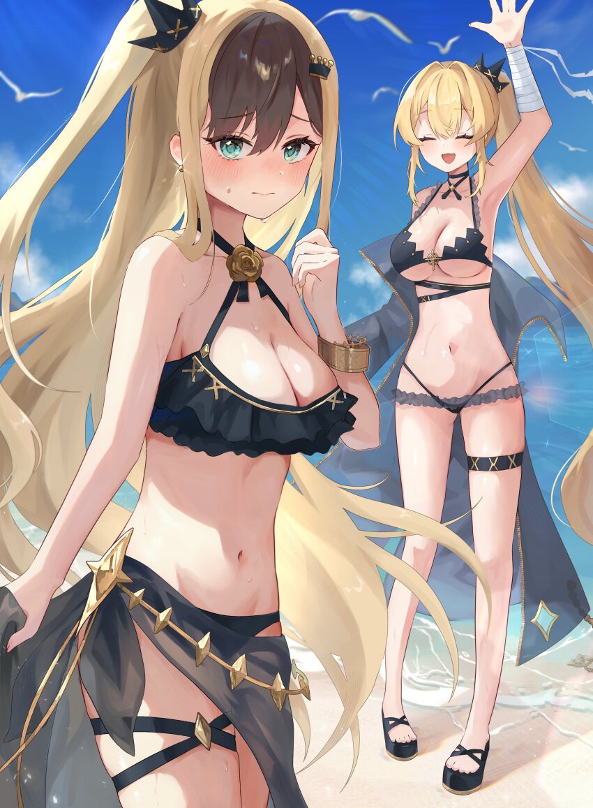 2girls, absurdres, anku_(reverseblue), beach, bikini, bird, black_bikini, black_crown, black_hair, blonde_hair, blush, bracelet, breasts, cleavage, commentary_request, crown, crown_hair_ornament, earrings, gold_bracelet, gold_earrings, green_eyes, hair_ornament, highres, hosiyomi_666, jewelry, kuuri_(reverseblue), large_breasts, long_hair, multicolored_hair, multiple_girls, ocean, one_side_up, ponytail, reverseblue_x_re-birthend, seagull, sidelocks, sweatdrop, swimsuit, two-tone_hair