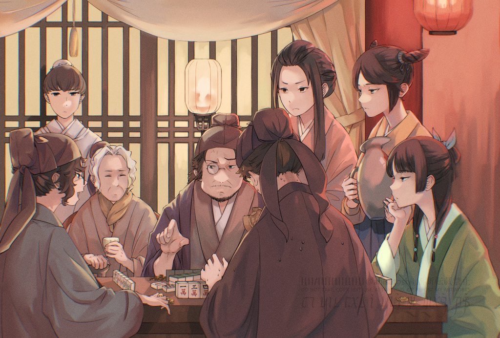 4boys, 4girls, anisatoshii, beads, black_hair, black_hat, blue_ribbon, blunt_bangs