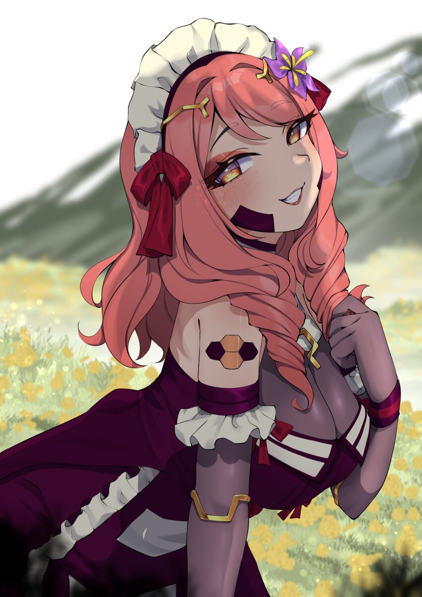 1girl, absurdres, breasts, commentary, drill_hair, flower, freckles, hair_flower