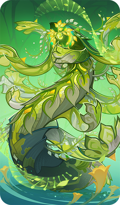 bad_source, flower, genius_invokation_tcg_(style), genshin_impact, guardian_of_apep's_oasis_(genshin_impact), leaf, monster, monster_focus, no_humans, official_art, plant, plant_monster, ripples, solo, vines, water, yellow_flower