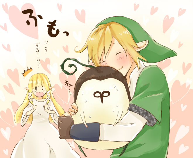 1boy, 1girl, blonde_hair, blush, dress, earrings, gloves, hat, hetero, hug, jealous, jewelry, karury, kikwi, link, long_hair, machi_(zelda), nintendo, pointy_ears, princess_zelda, smile, sweat, the_legend_of_zelda, the_legend_of_zelda:_skyward_sword