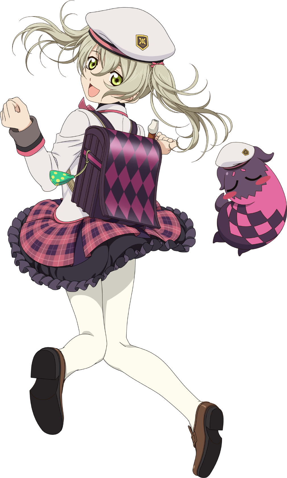 1girl, alternate_hairstyle, argyle_bag, artist_request, bag, beret, black_shirt, black_skirt