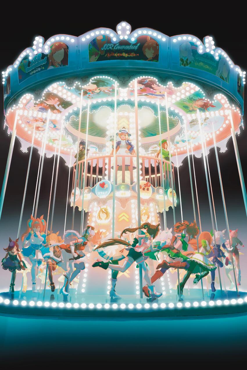 6+girls, absurdres, ahoge, aiguillette, akikawa_yayoi's_cat, akikawa_yayoi_(umamusume), animal, animal_ears, animal_on_head, armband, asymmetrical_gloves, bandaid, bandaid_on_leg, bandeau, bare_shoulders, belt, biko_pegasus_(gale_pegasus_type_zero)_(umamusume), biko_pegasus_(umamusume), biwa_hayahide_(pf._winning_equation...)_(umamusume), biwa_hayahide_(umamusume), black_gloves, black_hair, black_jacket, black_pants, black_pantyhose, black_shorts, black_thighhighs, blue_dress, blue_eyes, blue_flower, blue_hat, blue_jacket, blue_rose, blunt_bangs, bomber_jacket, boots, bow, bowler_hat, braid, breasts, brown_boots, brown_gloves, brown_hair, brown_ribbon, buruma, carousel, cat, cat_on_head, center_frills, coat, crop_top, crossed_arms, dagger, daiwa_scarlet_(peak_blue)_(umamusume), daiwa_scarlet_(umamusume), dress, ear_bow, ear_covers, ear_ribbon, el_condor_pasa_(el_numero_1)_(umamusume), el_condor_pasa_(umamusume), epaulettes, fascinator, flipped_hair, flower, folding_fan, formal_clothes, frilled_coat, frilled_jacket, frills, fur_choker, garter_straps, gloves, gold_city_(authentic/1928)_(umamusume), gold_city_(umamusume), gold_hairband, gold_ship_(red_strife)_(umamusume), gold_ship_(umamusume), green_armband, green_bandeau, green_belt, green_eyes, green_hat, green_jacket, green_skirt, grey_hair, hair_between_eyes, hair_intakes, hair_ornament, hair_over_one_eye, hairband, hand_fan, haru_urara_(bestest_prize)_(umamusume), haru_urara_(umamusume), hat, hat_flower, hayakawa_tazuna, highres, holding, holding_fan, horse_ears, horse_girl, horse_tail, jacket, juliet_sleeves, kashimoto_riko, king_halo_(king_of_emeralds)_(umamusume), king_halo_(umamusume), kitasan_black_(gilded_shrine_to_glory)_(umamusume), kitasan_black_(umamusume), knife, large_breasts, layered_legwear, layered_skirt, litarnes, long_hair, long_sleeves, maruzensky_(formula_r)_(umamusume), maruzensky_(umamusume), mayano_top_gun_(scramble_zone)_(umamusume), mayano_top_gun_(umamusume), mejiro_mcqueen_(frontline_elegance)_(umamusume), mejiro_mcqueen_(umamusume), midriff, mismatched_gloves, multicolored_hair, multiple_girls, neckerchief, necktie, off-shoulder_dress, off_shoulder, oguri_cap_(starlight_beat)_(umamusume), oguri_cap_(umamusume), on_head, open_clothes, open_jacket, open_mouth, orange_hair, orange_tail, pants, pantyhose, pillbox_hat, pink_buruma, pinstripe_pattern, pole, ponytail, puffy_sleeves, purple_eyes, purple_hair, purple_thighhighs, red_buruma, red_dress, red_eyes, ribbon, rice_shower_(rosy_dreams)_(umamusume), rice_shower_(umamusume), rose, sakura_bakushin_o_(blossom_in_learning)_(umamusume), sakura_bakushin_o_(umamusume), school_uniform, sheath, sheathed, shirt, shorts, silence_suzuka_(innocent_silence)_(umamusume), silence_suzuka_(umamusume), skirt, skirt_suit, sleeveless, sleeveless_dress, sleeveless_jacket, smile, socks, split_ponytail, standing, star_(symbol), star_hair_ornament, streaked_hair, striped_armband, striped_clothes, striped_socks, suit, sun_hat, super_creek_(murmuring_stream)_(umamusume), super_creek_(umamusume), t.m._opera_o_(o_sole_suo!)_(umamusume), t.m._opera_o_(umamusume), taiki_shuttle_(umamusume), taiki_shuttle_(wild_frontier)_(umamusume), tail, tamamo_cross_(fast_as_lightning)_(umamusume), tamamo_cross_(umamusume), thighhighs, tiara, tilted_headwear, twintails, two_side_up, umamusume, very_long_hair, vodka_(umamusume), vodka_(wild_top_gear)_(umamusume), weapon, white_gloves, white_hair, white_pantyhose, white_shorts, yellow_neckerchief, yellow_necktie, yellow_shirt