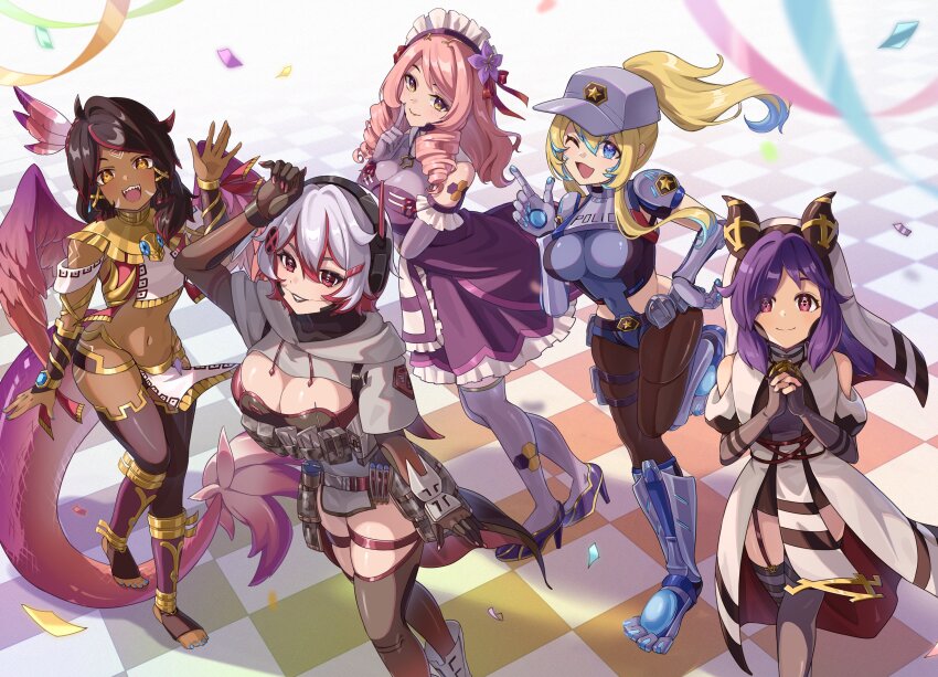 5girls, absurdres, artist_request, black_hair, blonde_hair, blue_hair, blue_nails, breasts