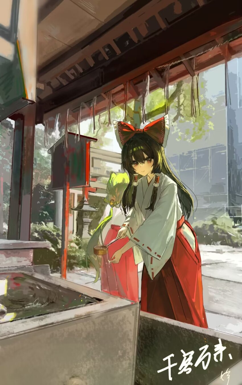 2girls, alternate_costume, bow, brown_eyes, brown_hair, chinese_commentary, closed_mouth, clothing_cutout