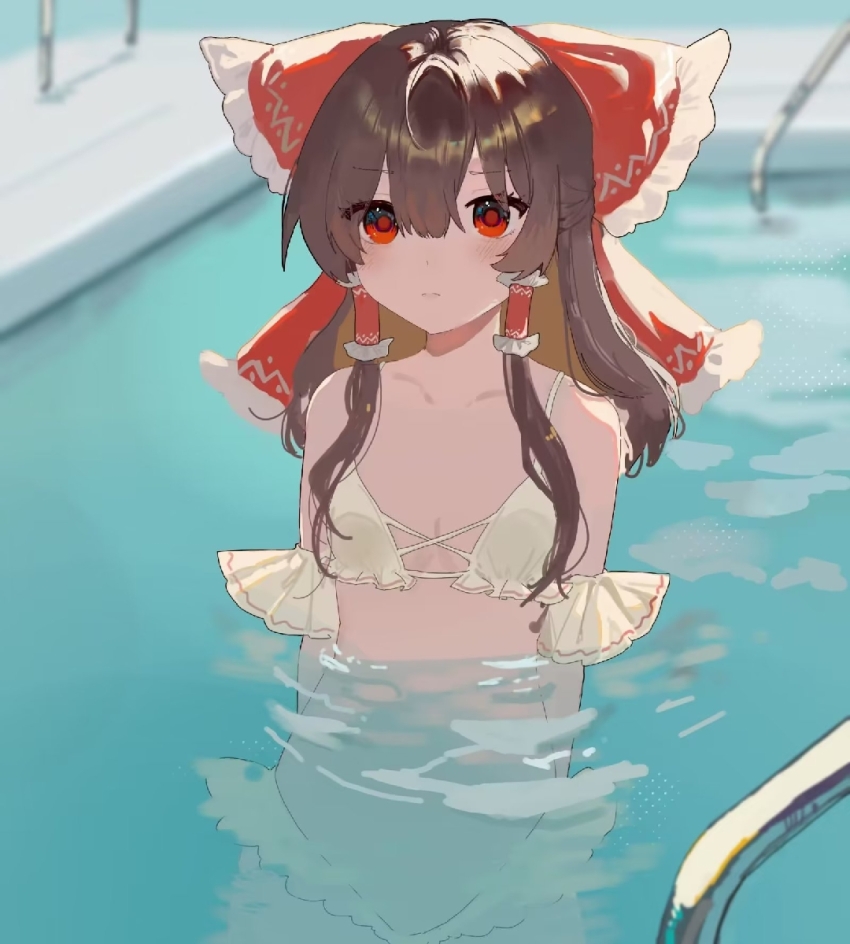 1girl, alternate_costume, bikini, bow, breasts, brown_hair, chinese_commentary, closed_mouth, collarbone, commentary_request, frilled_bow, frilled_hair_tubes, frills, hair_between_eyes, hair_bow, hair_tubes, hakurei_reimu, jin_jin_jin_jin, long_hair, partially_submerged, pool, red_bow, red_eyes, small_breasts, solo, swimsuit, touhou, water, white_bikini