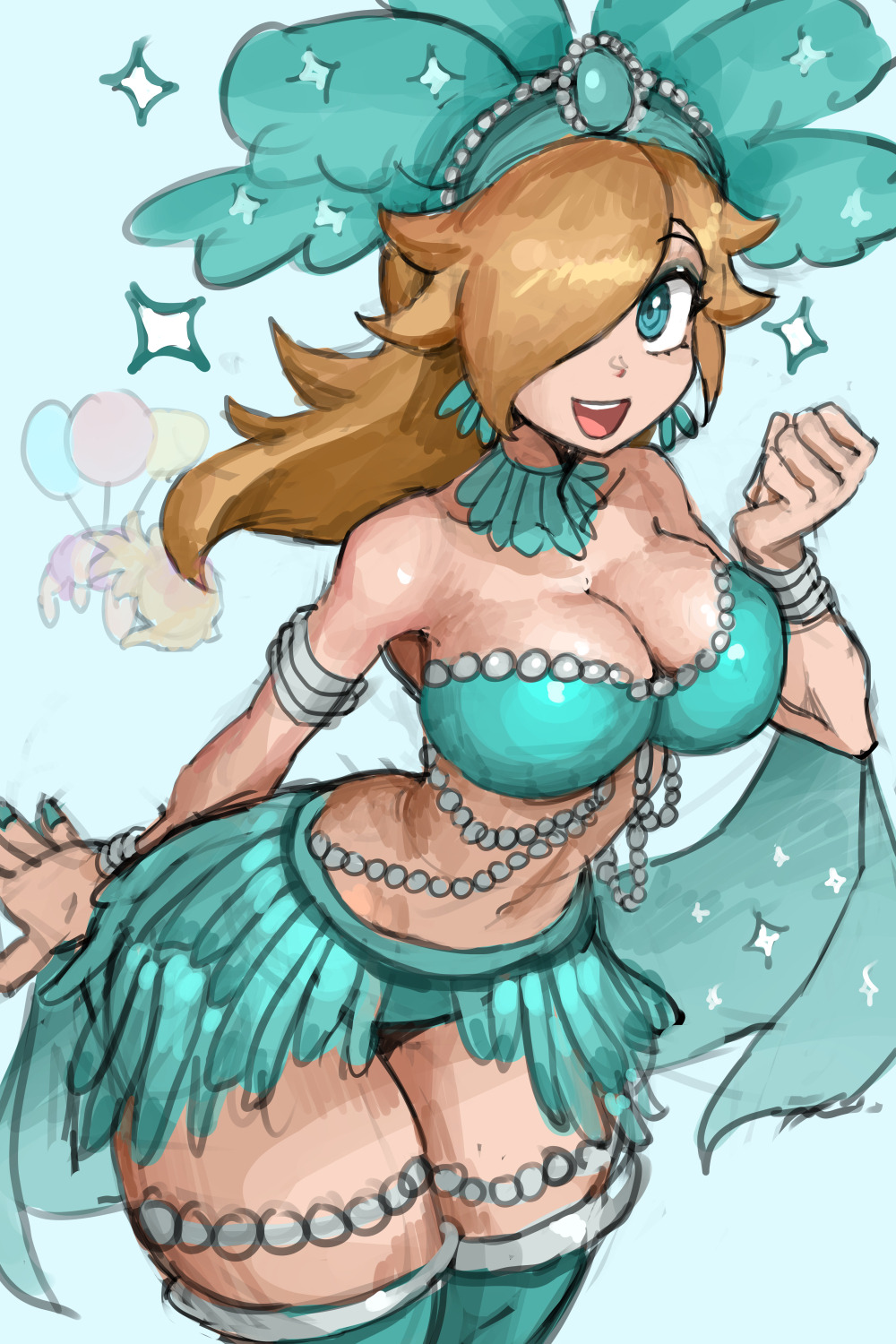 2girls, aqua_eyes, aqua_nails, aqua_skirt, armlet, balloon, bare_shoulders, beads, blonde_hair, bracelet, breasts, carnaval_do_brasil, cleavage, commentary, cowboy_shot, dancer, english_commentary, eyelashes, fingernails, hair_over_one_eye, highres, jewelry, long_hair, mario_(series), midriff, multiple_girls, nail_polish, nintendo, nintendo_dream, official_alternate_costume, open_mouth, princess_peach, rosalina, saiykik, samba, skirt, smile, solo_focus, sparkle, string_of_pearls, super_mario_galaxy, teeth, thighhighs, upper_teeth_only, zettai_ryouiki