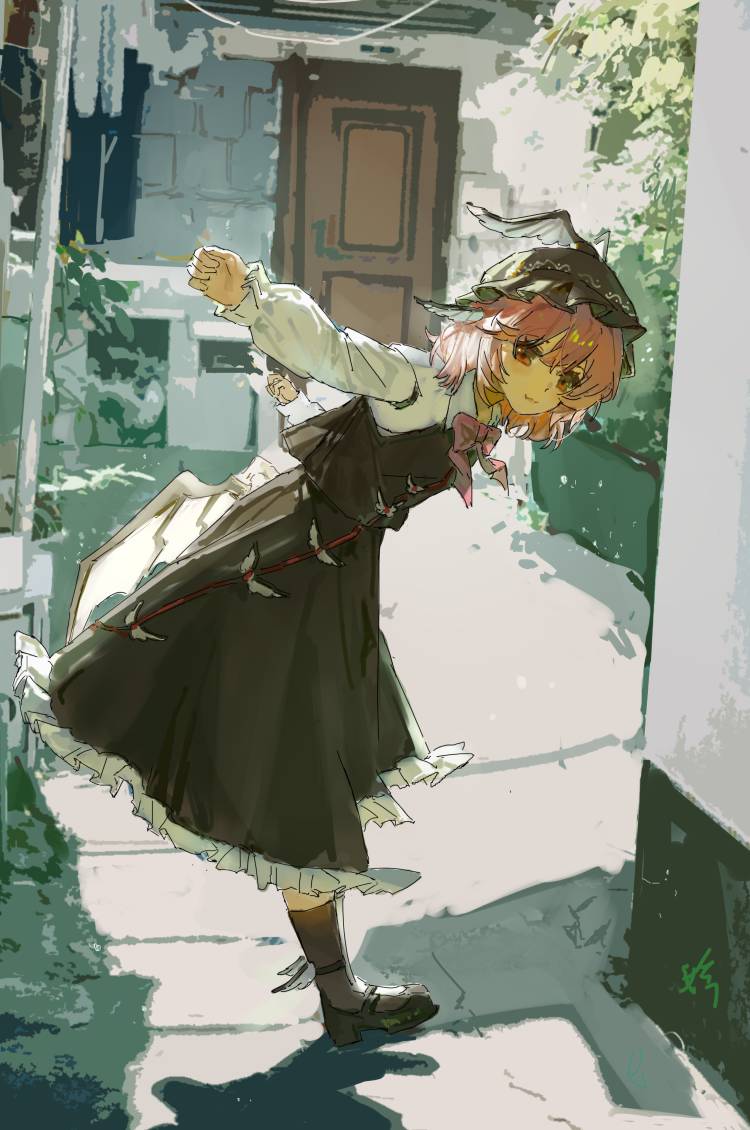 1girl, animal_ears, bird_ears, black_shoes, bow, bowtie, brown_hat, brown_skirt