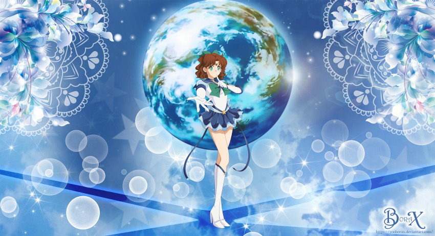 1girl, bishoujo_senshi_sailor_moon, boraz, brown_eyes, full_body, green_eyes, oosaka_naru, original, sailor_earth, sailor_senshi_uniform, super_sailor_earth