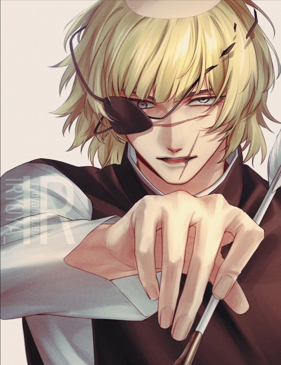 1boy, badeni, black_tabard, blind_eye, blonde_hair, blue_eyes, chi.:_chikyuu_no_undou_ni_tsuite, eyepatch, fingernails, highres, holding, holding_quill, iorbtyn, looking_at_viewer, loose_eyewear, male_focus, medium_hair, open_mouth, quill, scar, scar_on_face, scar_on_mouth, scar_on_nose, solo, tabard, tonsure, watermark
