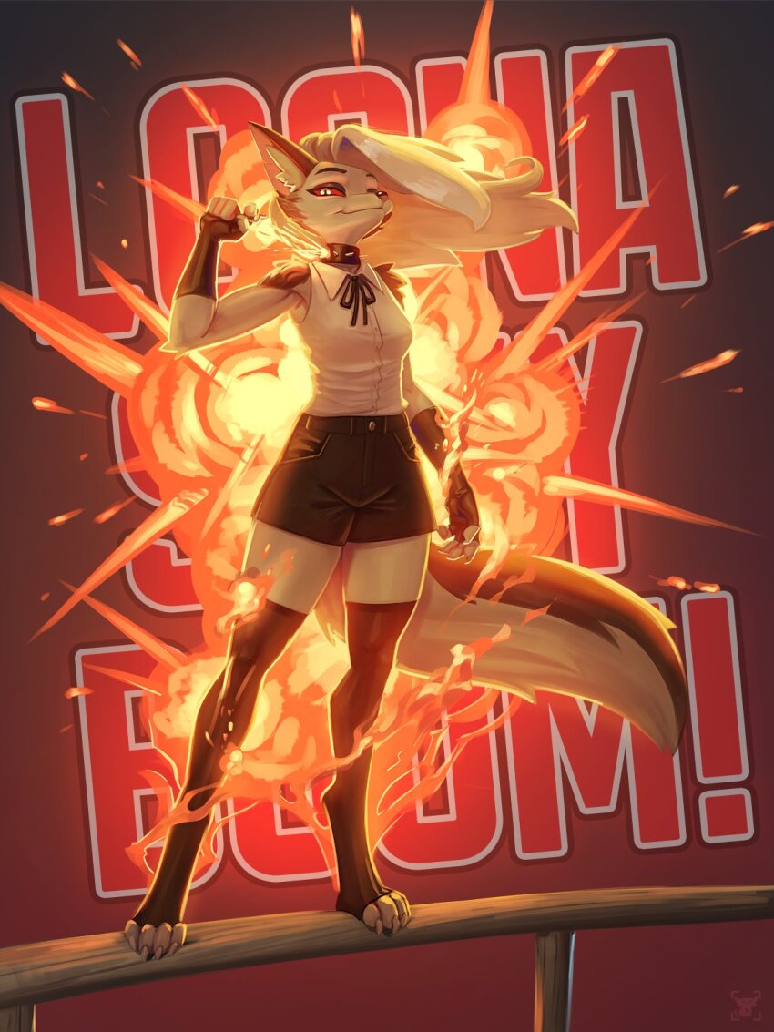 1girl, animal_ears, black_gloves, black_shorts, black_thighhighs, chainsaw_man, collar, collared_shirt