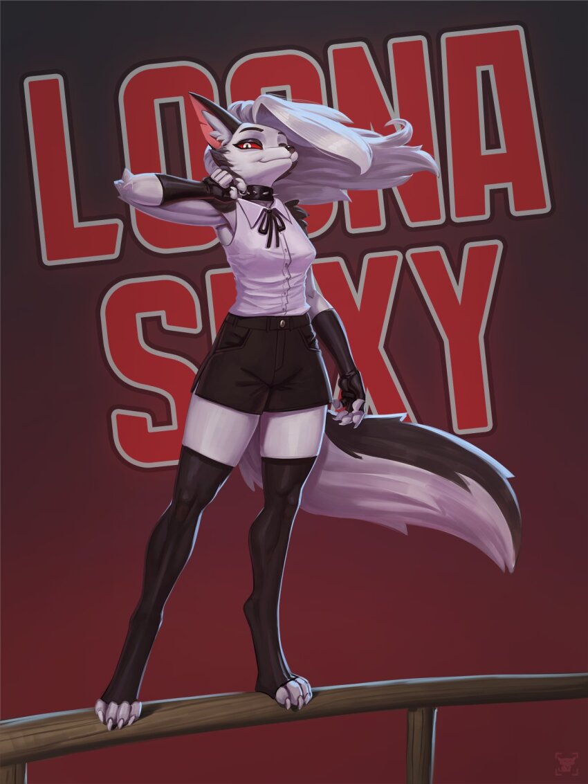 1girl, animal_ears, black_gloves, black_shorts, black_thighhighs, chainsaw_man, collar, collared_shirt