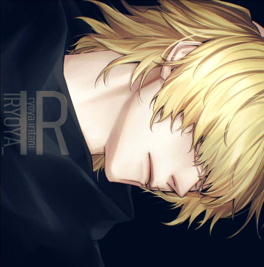 1boy, badeni, black_background, black_cloak, blonde_hair, chi.:_chikyuu_no_undou_ni_tsuite, cloak, closed_mouth