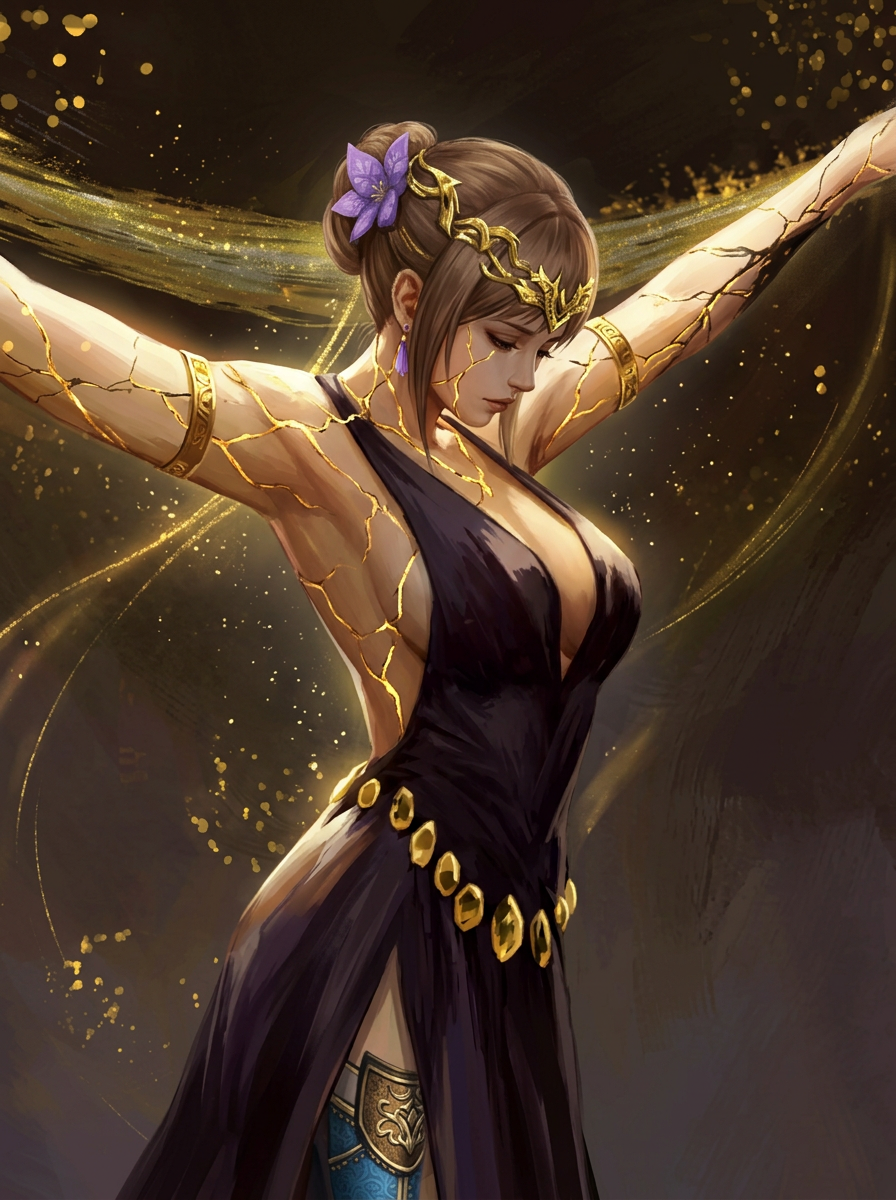 1girl, black_dress, brown_hair, cosplay, crown, dress, elden_ring, flower