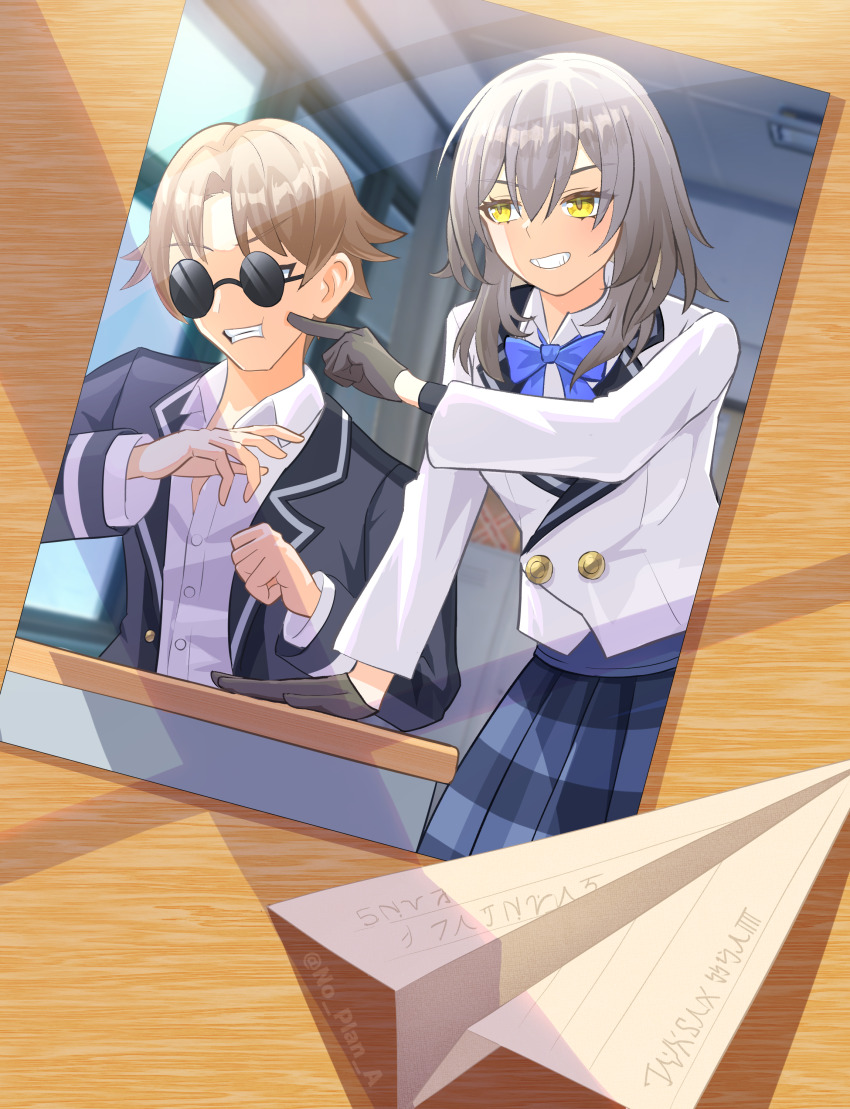 1boy, 1girl, absurdres, black_jacket, blazer, blue_bow, blue_bowtie, bow