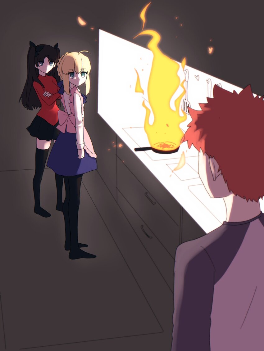 1boy, 2girls, apron, artoria_pendragon_(fate), black_hair, blonde_hair, chocolate_making_disaster_(meme), commentary_request, dress, emiya_shirou, failure, fate/stay_night, fate_(series), fire, highres, kitchen, looking_at_another, meme, multiple_girls, muryo_55555, red_hair, saber_(fate), shirt, t-shirt, tohsaka_rin, you're_doing_it_wrong