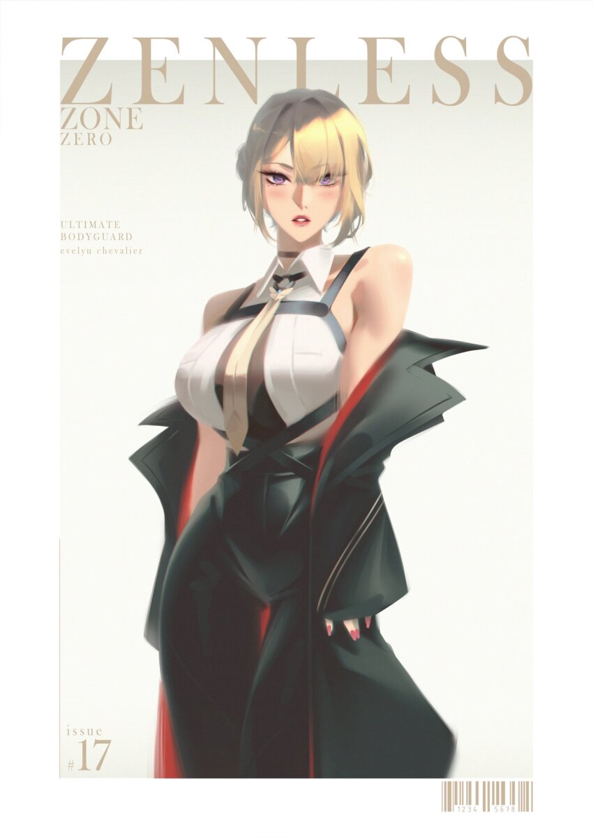 1girl, black_choker, black_jacket, black_pants, blonde_hair, breasts, chest_harness, choker