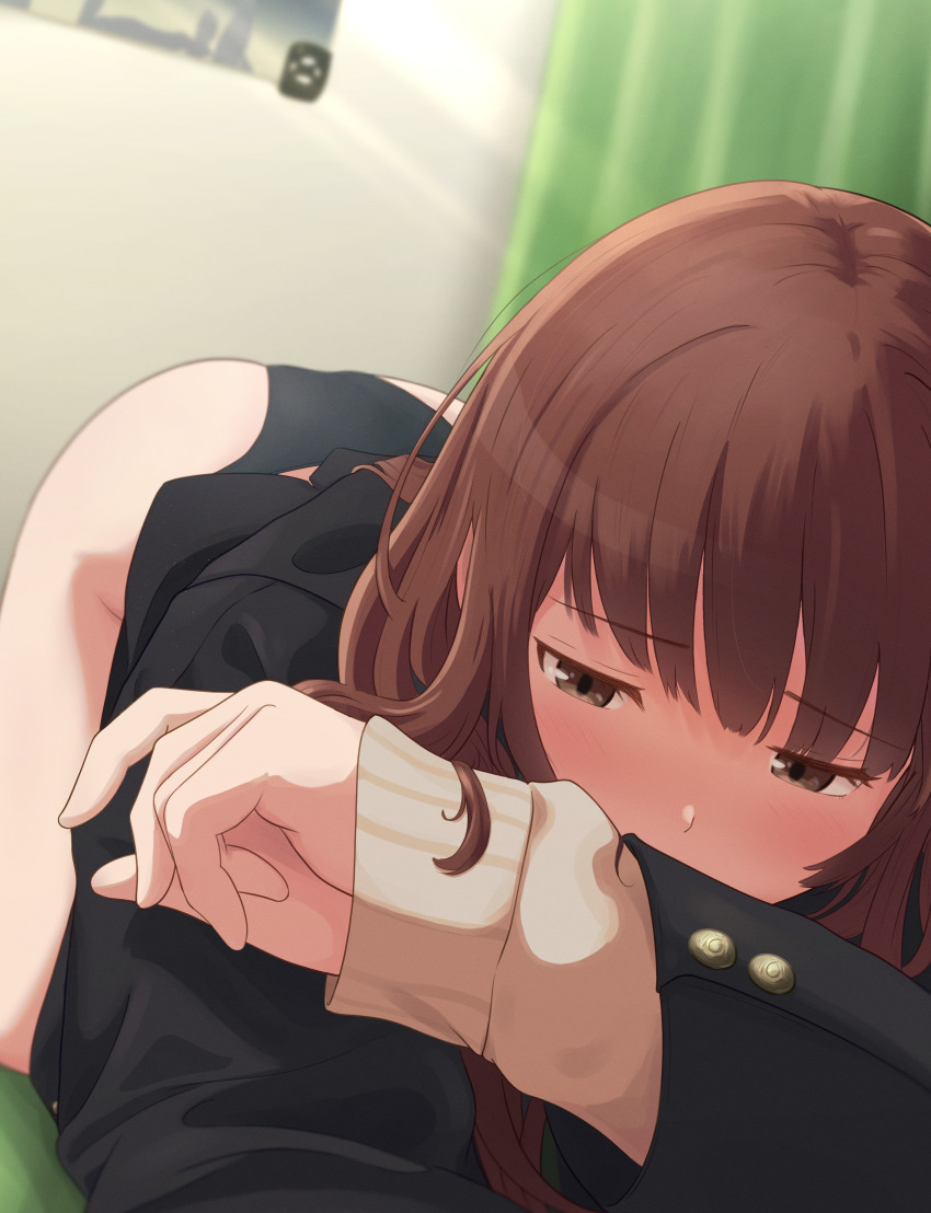 1girl, absurdres, amagami, black_panties, blunt_bangs, blush, brown_eyes, brown_hair