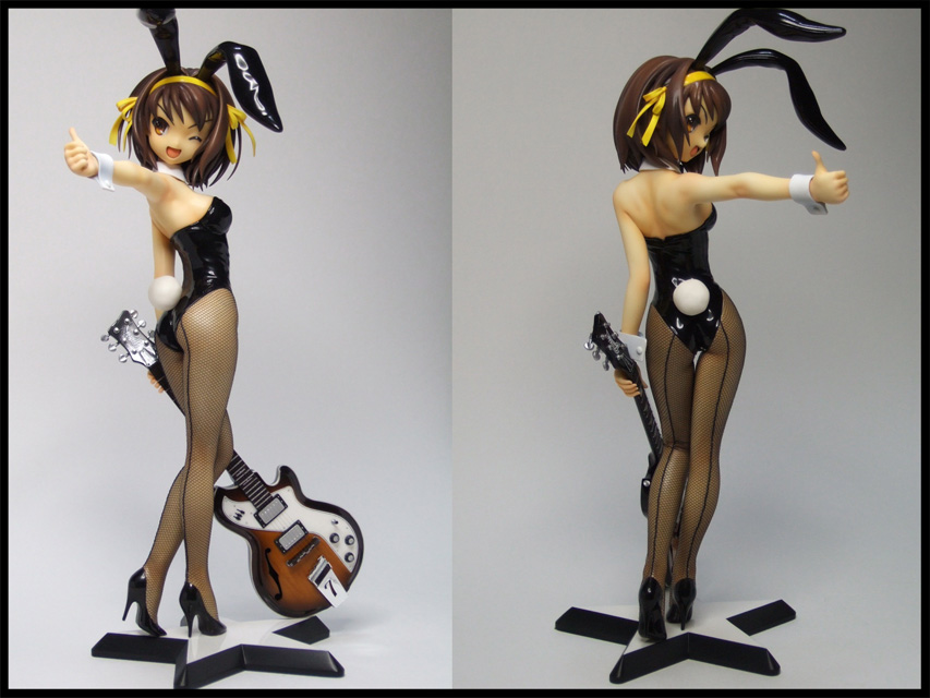 00s, 1girl, animal_ears, brown_hair, bubba_(saikorokyarameru), collar, cuffs, detached_collar, fake_animal_ears, figure, figure_(medium), fishnet_pantyhose, fishnets, guitar, high_heels, instrument, lingerie, multiple_views, pantyhose, photo_(medium), playboy_bunny, rabbit_ears, shoes, short_hair, star_(symbol), suzumiya_haruhi, suzumiya_haruhi_no_yuuutsu, tail, underwear, wrist_cuffs