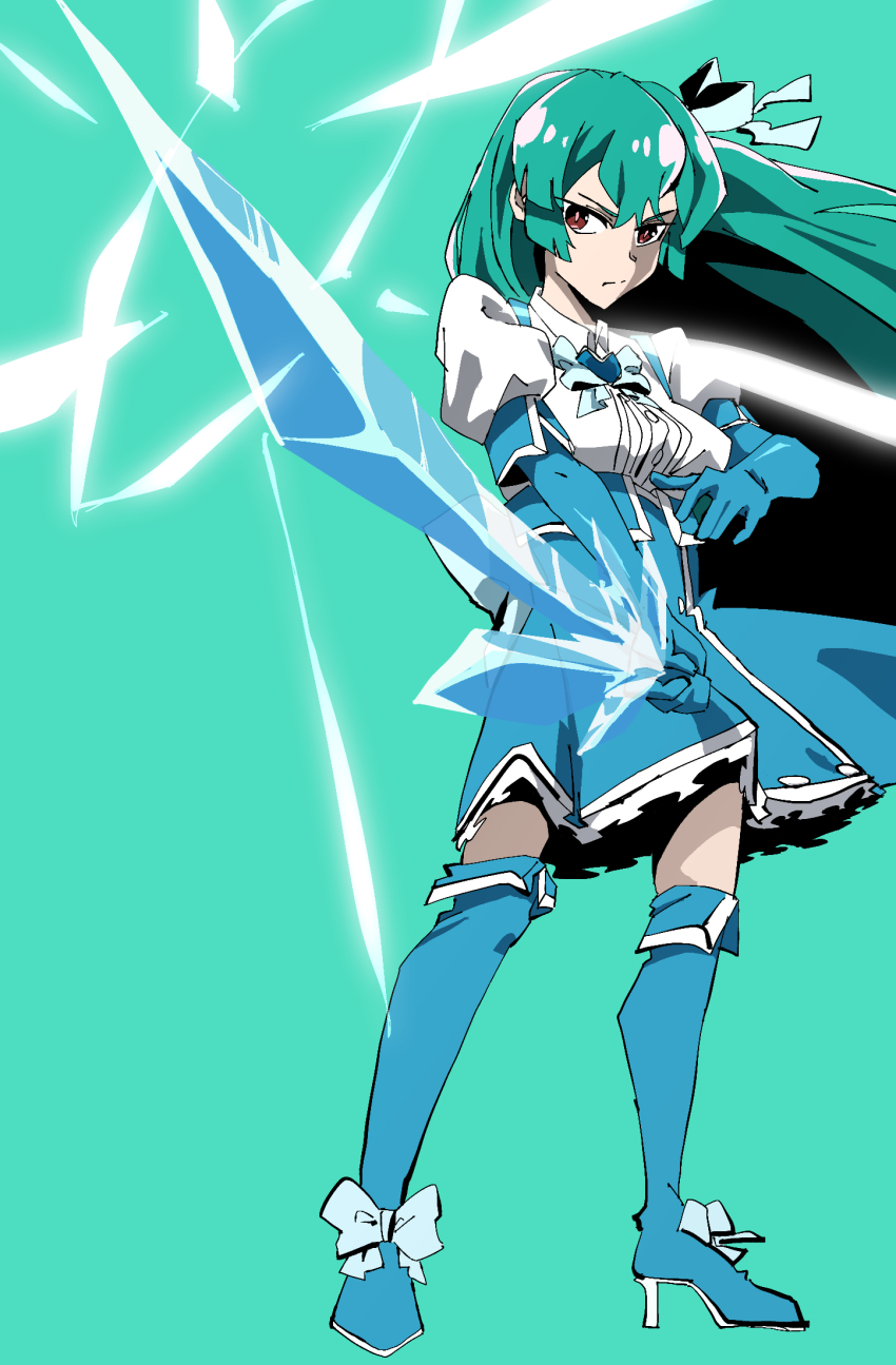 1girl, aqua_hair, blue_boots, blue_skirt, boots, bow, bowtie, collared_shirt, commentary_request, crystal_sword, elbow_gloves, gloves, green_background, hair_ribbon, heart-shaped_gem, high-waist_skirt, highres, hitori_ninjin, holding, holding_sword, holding_weapon, knee_boots, long_hair, looking_at_viewer, magia_azure, magical_girl, mahou_shoujo_ni_akogarete, red_eyes, ribbon, shirt, skirt, sunrise_stance, sword, weapon, white_shirt
