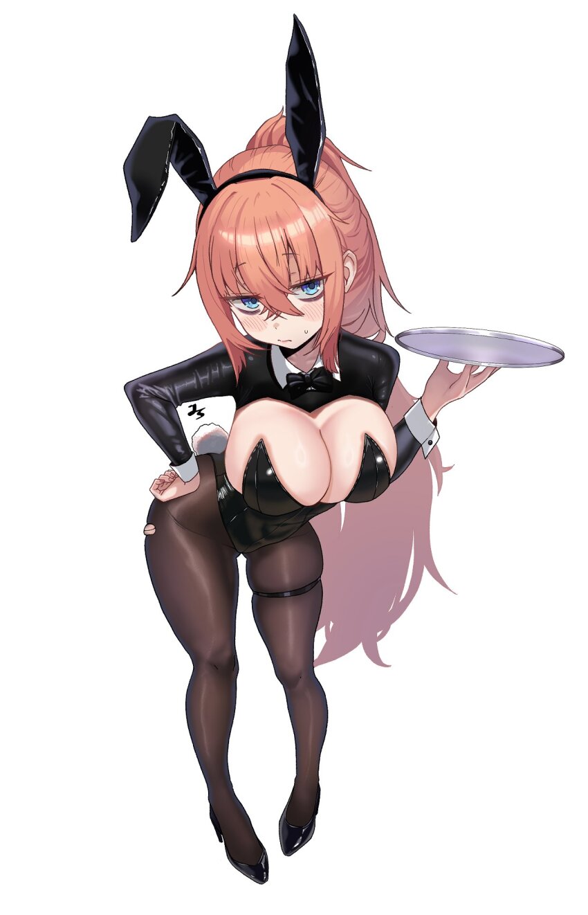 1girl, animal_ears, black_leotard, black_shoes, breasts, brown_pantyhose, cleavage, commentary_request