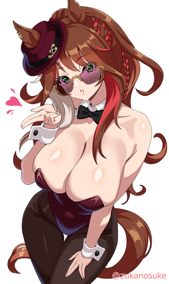1girl, animal_ears, black_leotard, black_pantyhose, blowing_kiss, blush, breasts, brown_hair, cleavage, commentary_request, covered_navel, ears_through_headwear, forever_young_(umamusume), hand_on_own_thigh, hat, horse_ears, horse_girl, horse_tail, large_breasts, leaning_forward, leotard, long_hair, looking_at_viewer, multicolored_hair, nontraditional_playboy_bunny, pantyhose, purple-tinted_eyewear, red_hat, red_streaks, rimless_eyewear, simple_background, skindentation, solo, strapless, strapless_leotard, streaked_hair, tail, thigh_gap, tinted_eyewear, umamusume, white_background, white_streaks, white_wrist_cuffs, wrist_cuffs, zukanosuke