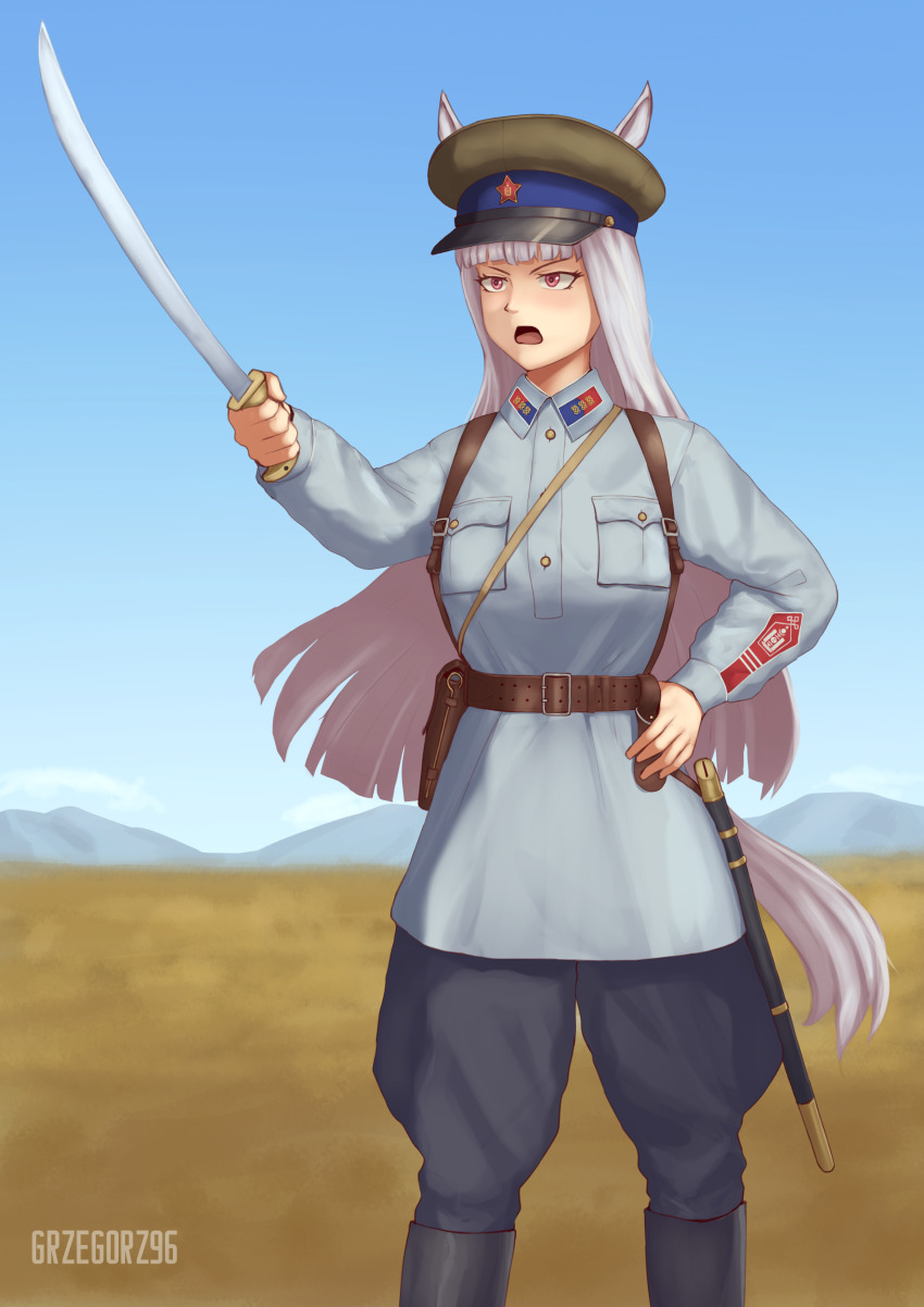 1girl, absurdres, animal_ears, artist_name, black_pants, blue_sky, cloud, cloudy_sky