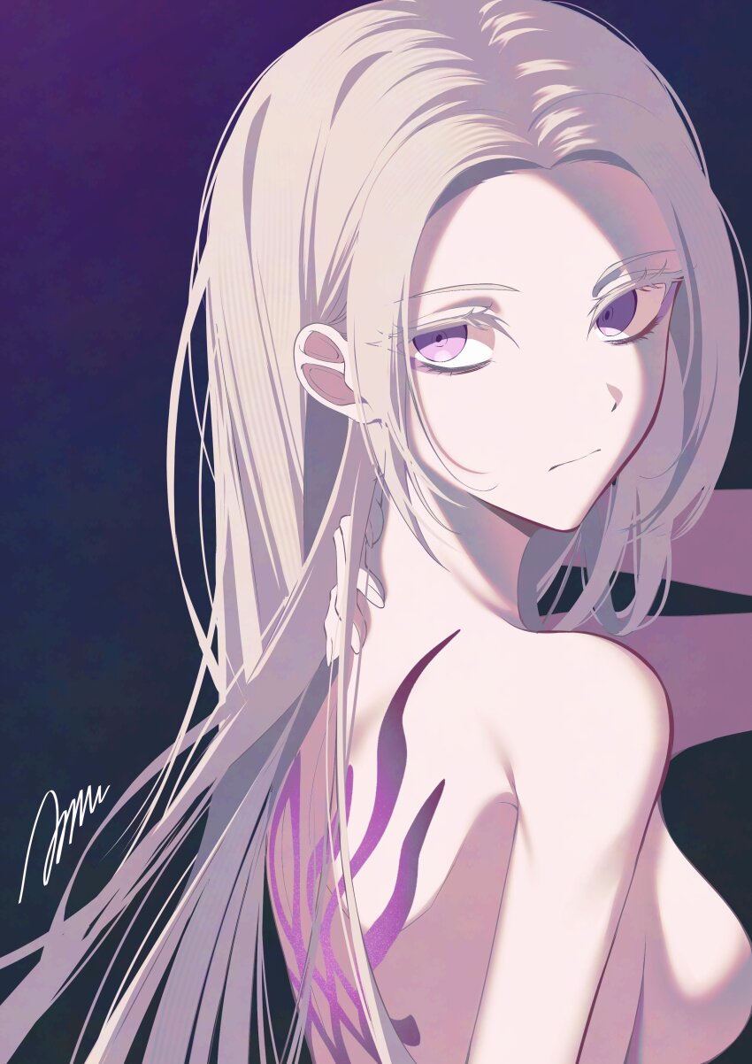 1girl, a_(asan_a_aa), absurdres, back_tattoo, bare_back, bare_shoulders, black_background, breasts