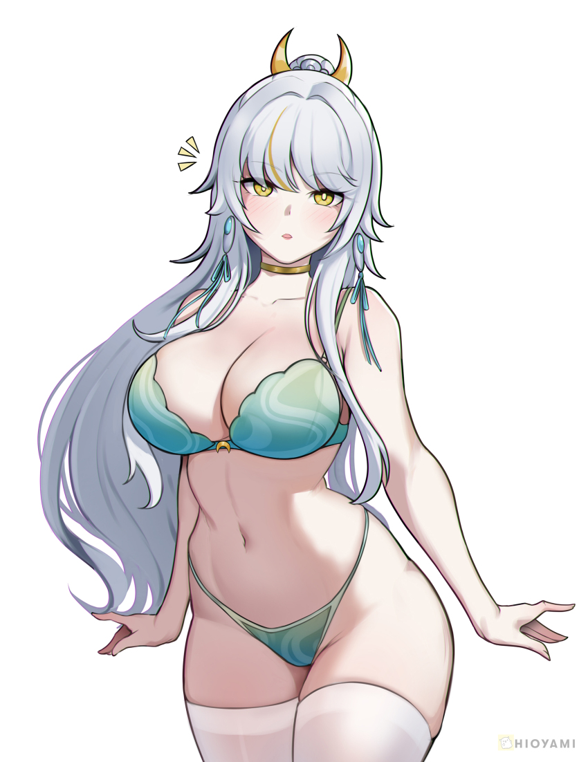 1girl, absurdres, blonde_hair, blush, bra, breasts, choker, cleavage