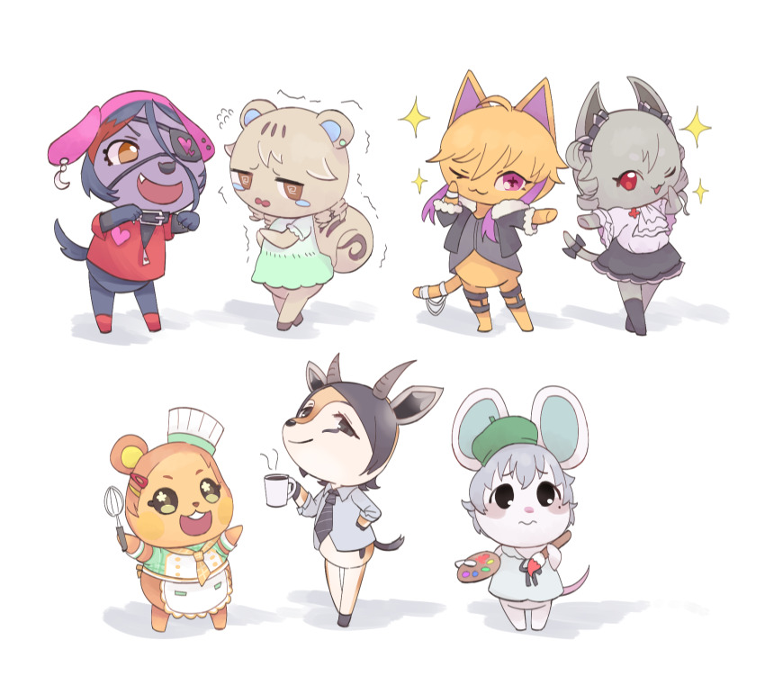 6+girls, :3, @_@, animal_crossing, animal_ears, animal_nose, apron, beret