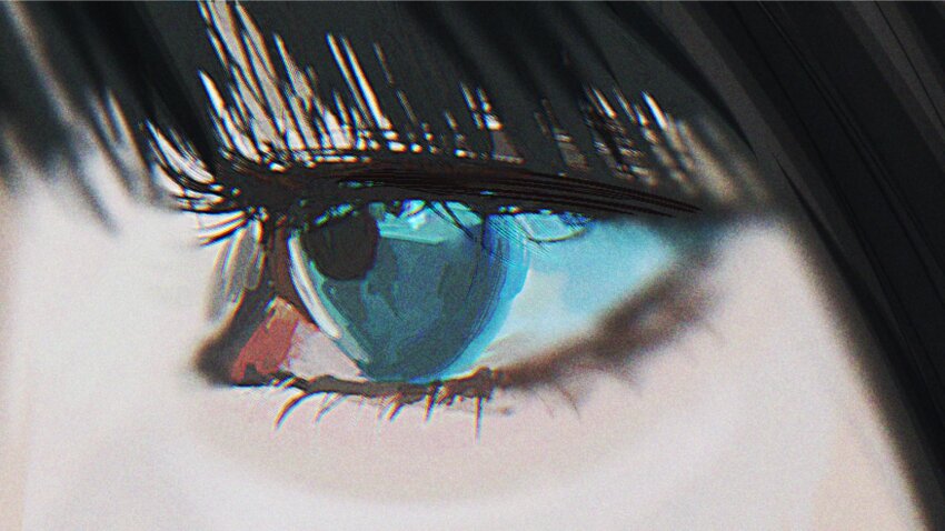 1girl, ado_(utaite), black_hair, blue_eyes, blurry, chando_(ado), close-up, commentary