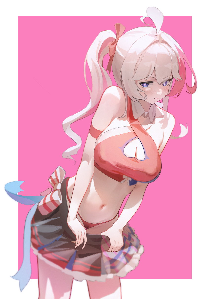 1girl, absurdres, ahoge, armband, blue_eyes, blush, bow, breasts, cleavage, clothes_pull, criss-cross_halter, crop_top, detached_collar, embarrassed, hair_intakes, hair_ornament, halterneck, heart, heart-shaped_pupils, highres, kanami_(rally_queen)_(strinova), kanami_(strinova), large_breasts, leaning_forward, long_long_cai, multicolored_hair, navel, panties, pink_hair, pulling_own_clothes, ribbon, side_ponytail, sidelocks, simple_background, skirt, skirt_pull, solo, standing, strinova, symbol-shaped_pupils, underwear, white_hair