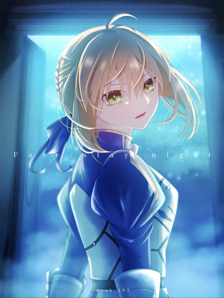 1girl, ahoge, armor, artoria_pendragon_(fate), blonde_hair, blue_background, braid, breastplate, commentary_request, copyright_name, fate/stay_night, fate_(series), from_side, gauntlets, green_eyes, hair_between_eyes, hair_ribbon, highres, juliet_sleeves, long_sleeves, looking_at_viewer, puffy_sleeves, ribbon, saber_(fate), solo, suk_195, twitter_username