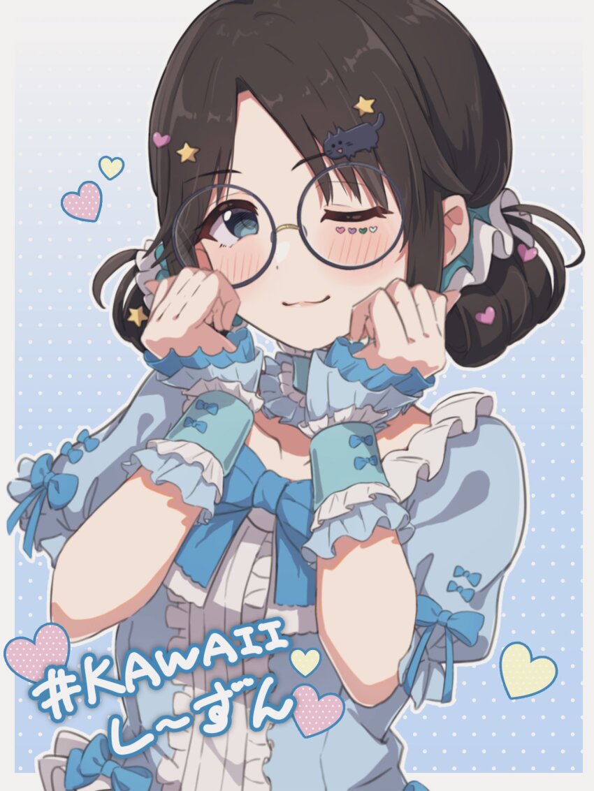 1girl, :3, black_hair, blue-framed_eyewear, blue_dress, blue_eyes, blush, cat_hair_ornament