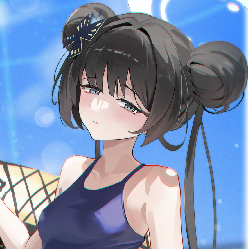 1girl, aqua_eyes, bare_shoulders, black_hair, blue_archive, blush, braid, collarbone