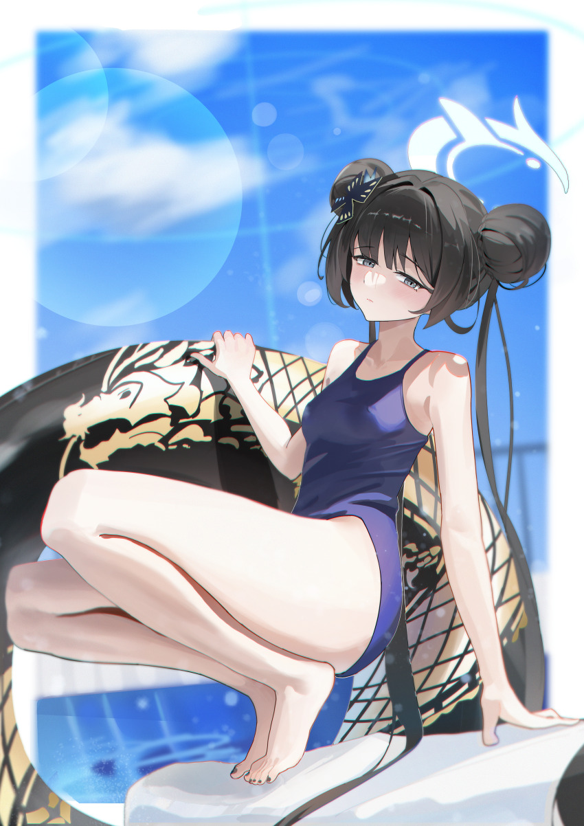 1girl, absurdres, aqua_eyes, bare_shoulders, barefoot, black_hair, blue_archive, blush, braid, collarbone, feet, from_side, hair_bun, hair_intakes, hair_ornament, halo, hand_on_floor, hand_up, highres, innertube, kisaki_(blue_archive), long_hair, long_long_cai, outdoors, poolside, school_swimsuit, sidelocks, sky, solo, swim_ring, swimsuit, thick_thighs, thighs, tiptoes, toes