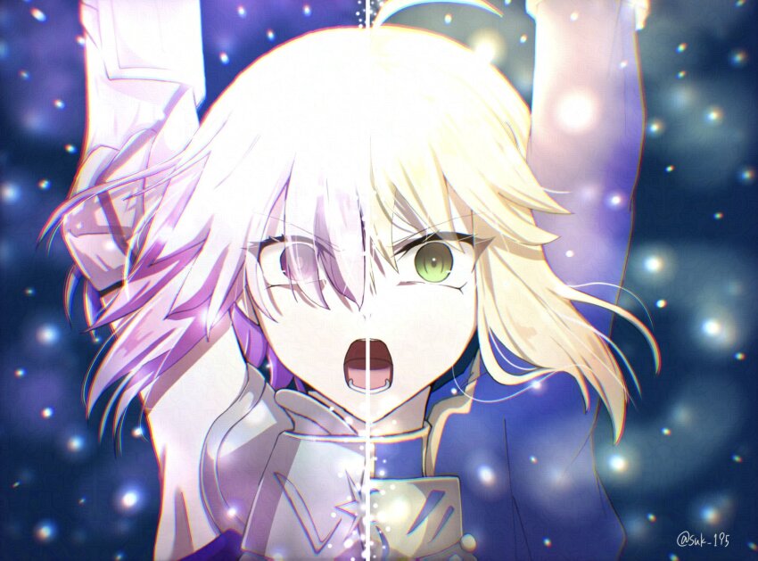 2girls, adversarial_noise, armor, arms_up, artoria_pendragon_(fate), blonde_hair, chromatic_aberration, commentary_request