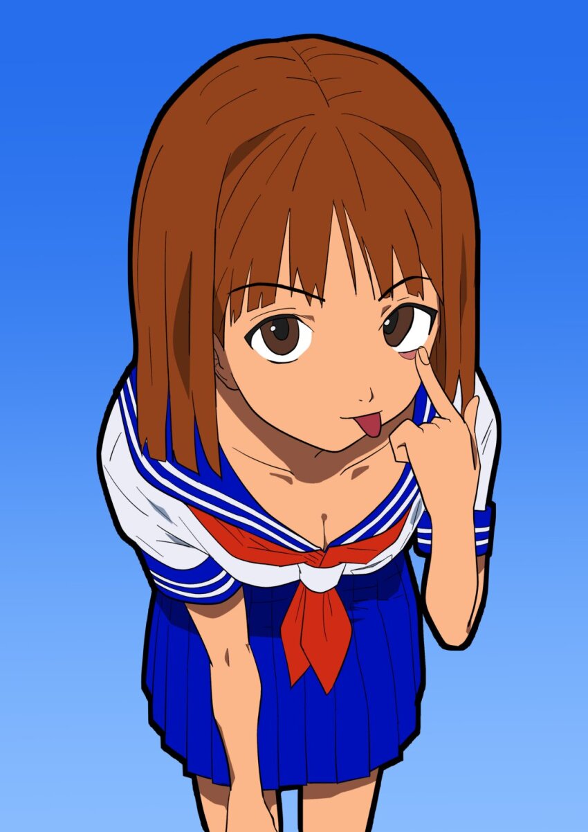 1girl, :p, akanbe, bent_over, blue_background, blue_skirt, breasts, brown_eyes