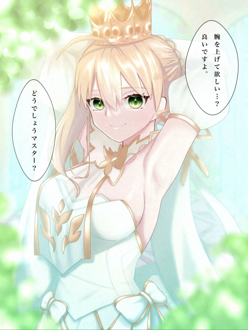 1girl, adversarial_noise, ahoge, alternate_breast_size_(larger), armpits, arms_behind_head, artoria_pendragon_(fate), blonde_hair