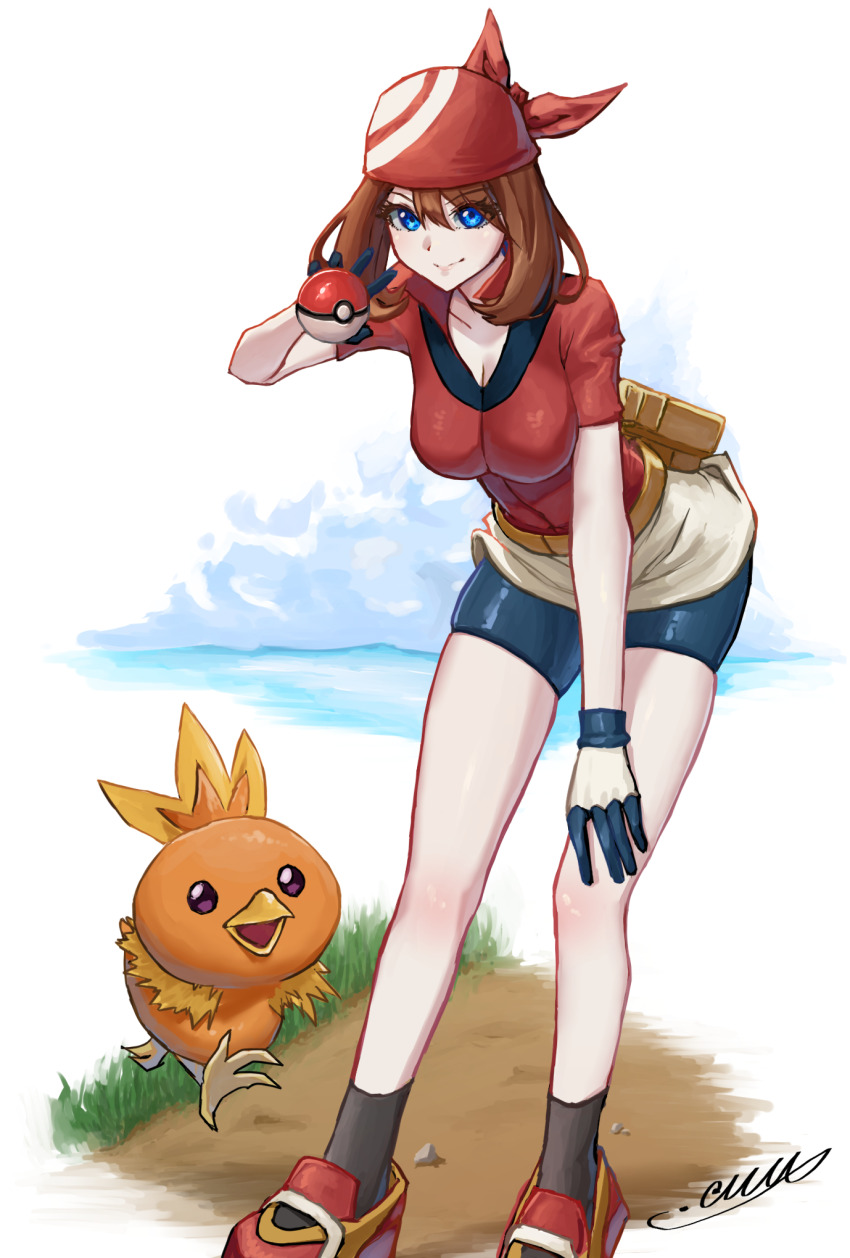 1girl, bandana, bike_shorts, bird, black_socks, blue_eyes, blue_shorts, blush